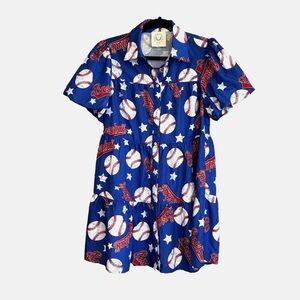 Fantastic Fawn Royal Blue Dress with Red & White Baseball Print